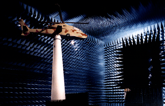 Picture of the inside of ElectroMagnetic Anechoic Chamber (EMAC) at ASU during a helicopter test