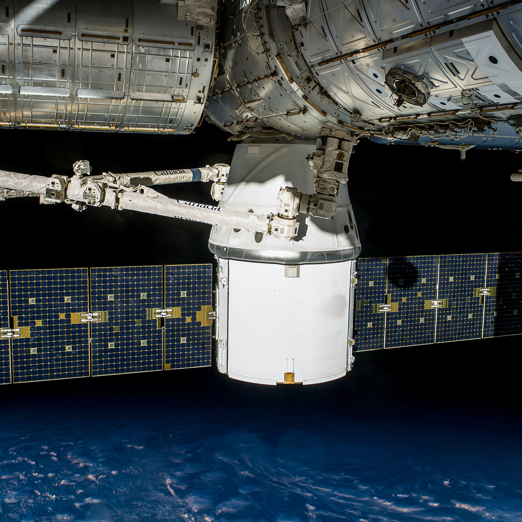 Photo of a satellite docked at the ISS