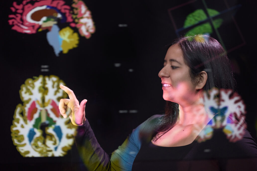 * Images fully released. Model releases are on file with ASU Enterprise Brand Strategy and Management . *..ASU researchers are using artificial intelligence to improve health. Teresa Wu and her team use AI to harmonize PET scans taken with different types of tracers. ..FEATURED IN THE PHOTOS:.Maitry Trivedi, PhD student, works with Teresa Wu’s team using AI for Alzheimer’s research...Appeared in the SU24 issue of ASU Thrive Magazine..
AI-powered medicine
ASU, Arizona State University, ASU Brand photo, Arizona, conceptual, research, PhD student, engineers, engineering, Artificial Intelligence, AI, reflections, projections, floating, brain, scans, thought, programming, code, machine learning, neurological conditions, treatments, clinical trials, Alzheimer’s, treatments, tracers, data, harmonize, PET scans, compare, School of Computing and Augmented Intelligence, College of Health Solutions, colorful, female, woman, Asian Indian